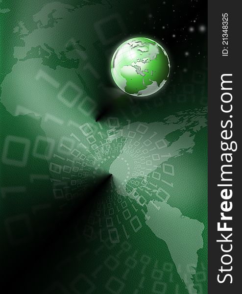 Background green skin with a world map, globe and binary code. Background green skin with a world map, globe and binary code