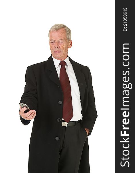 Business man in black suit over a white background
