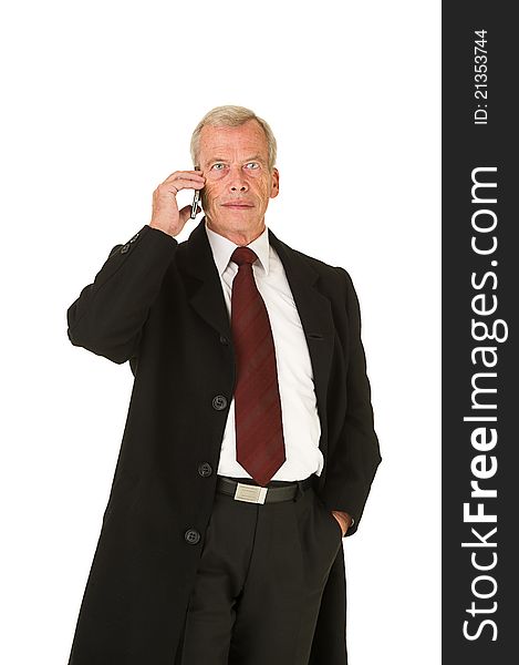 Business man in black suit over a white background