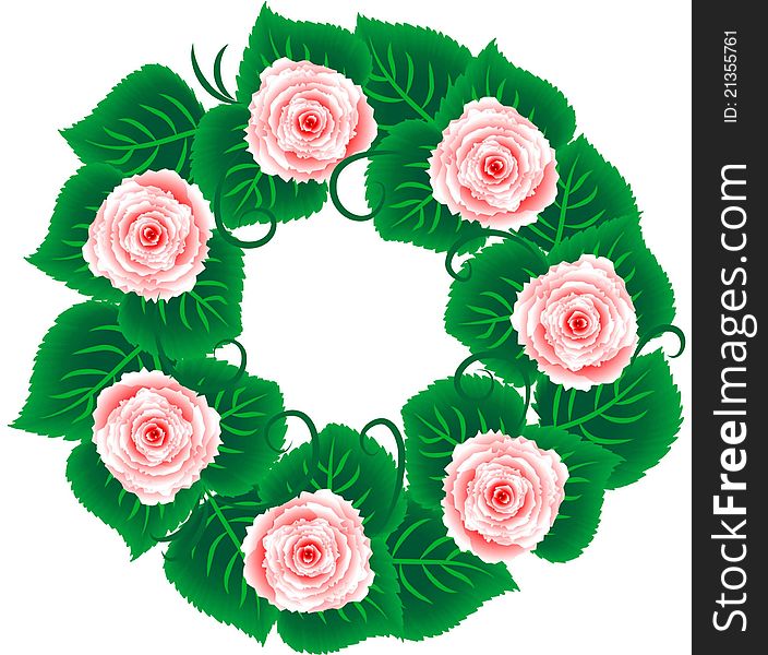 Rose wreath - seven pink roses with leafs