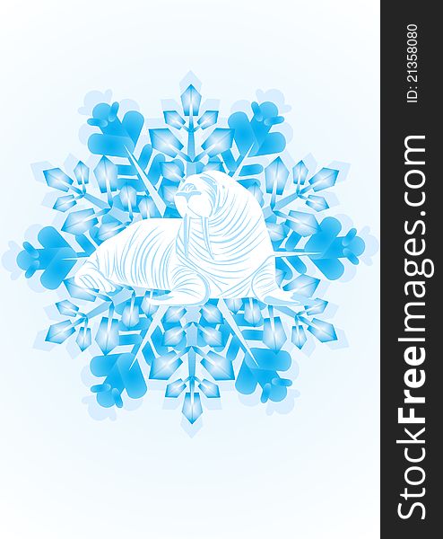 White contour walrus on the snowflake. The illustration on white background.