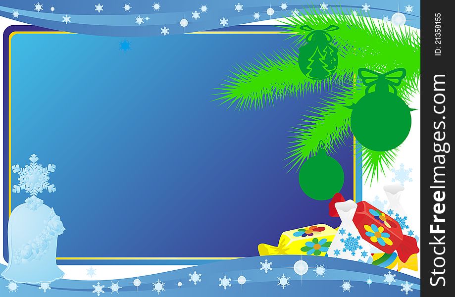 Fir branch with tree ornaments and candy in the background abstract blue background. Fir branch with tree ornaments and candy in the background abstract blue background.