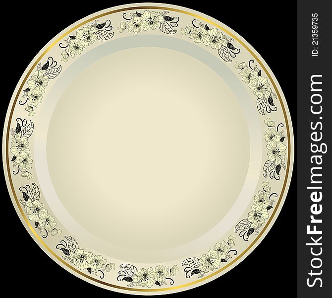 White plate with floral border and gold line