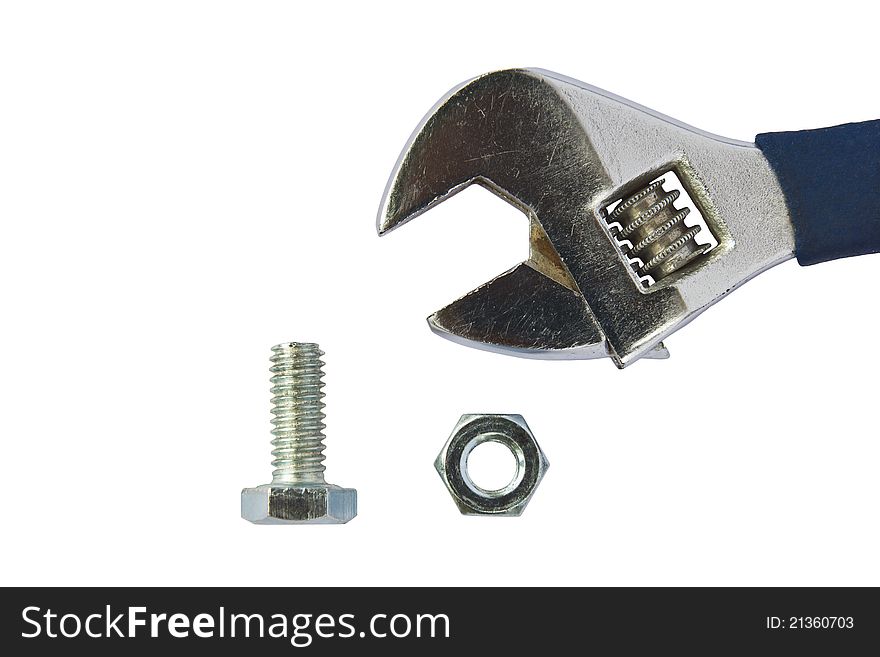 Wrench bolt and nut on white background