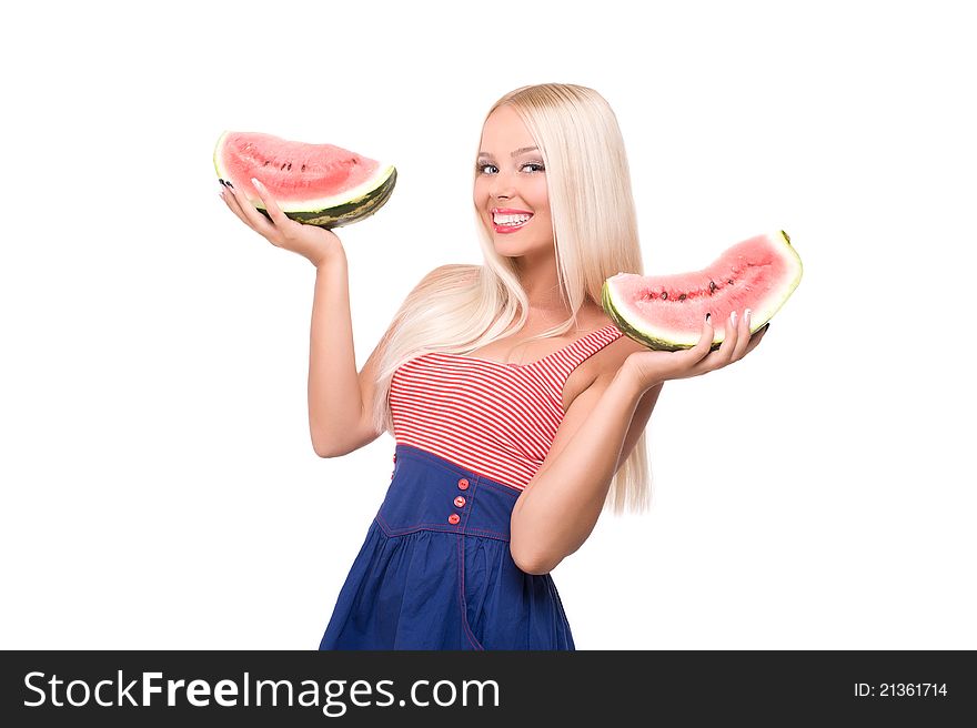 Beautiful young woman eat juicy watermelon. over white. Beautiful young woman eat juicy watermelon. over white