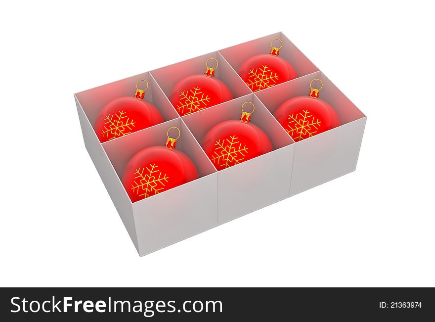 Box with Christmas balls isolated on white