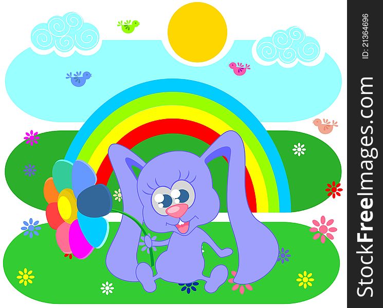 Summer meadow with rainbow and rabbit. Summer meadow with rainbow and rabbit