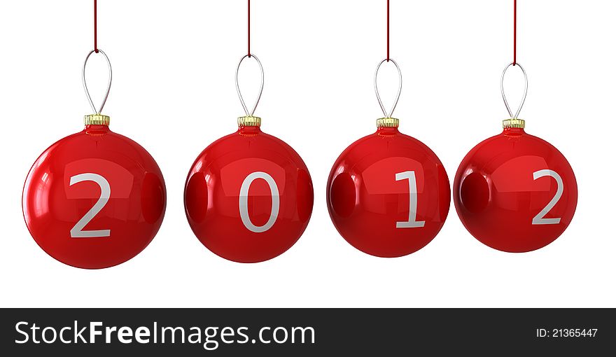 Christmas 2012 balls New Years eve baubles colored golden decorated with red date. Calendar design element concept. Traditional luxury Xmas decoration. Detailed 3d render. Isolated on white background. Christmas 2012 balls New Years eve baubles colored golden decorated with red date. Calendar design element concept. Traditional luxury Xmas decoration. Detailed 3d render. Isolated on white background