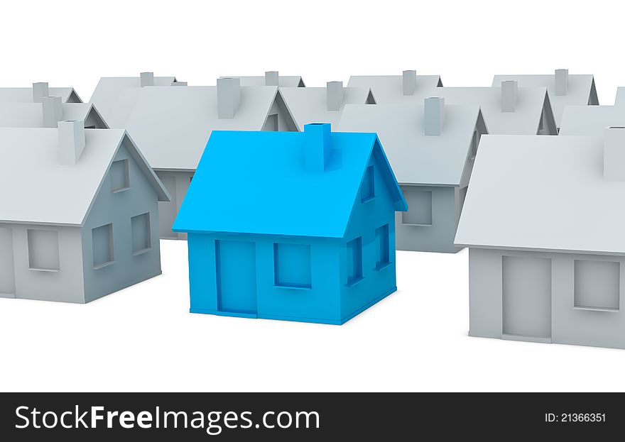 Crowd of houses with one in different color (3d render). Crowd of houses with one in different color (3d render)