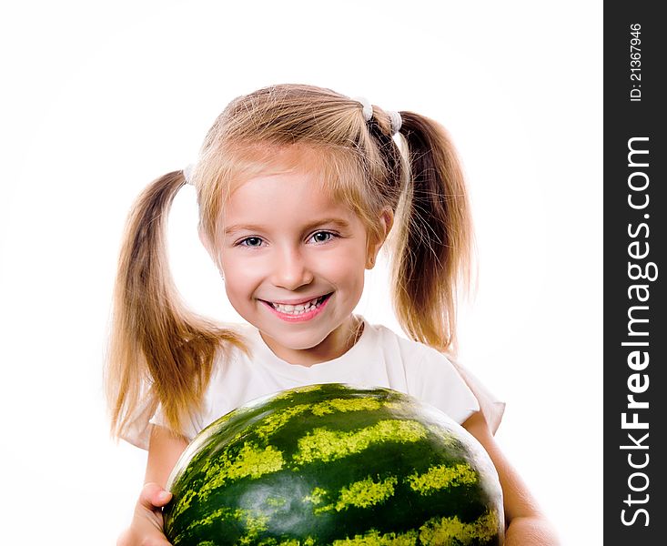 Little girl eating big piece of watermelon isolated on white