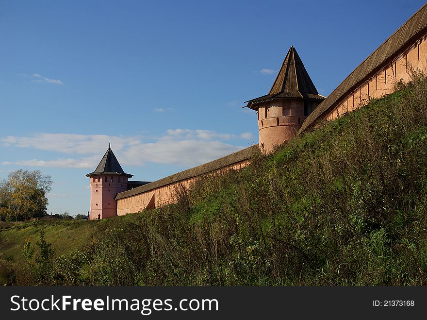 The wall of the monastery on the bank of the river in Suzdal, Russia. The wall of the monastery on the bank of the river in Suzdal, Russia