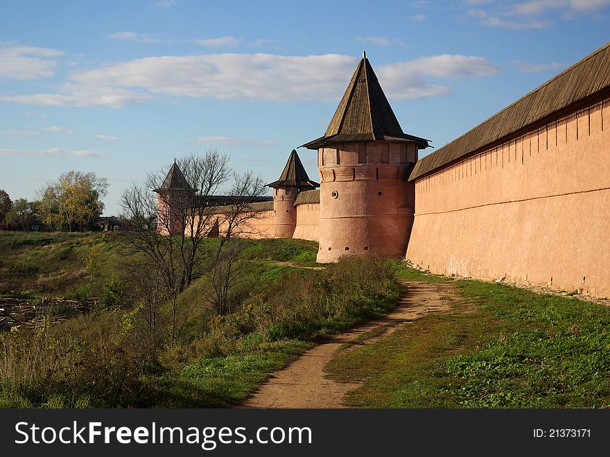 The wall of the monastery on the bank of the river in Suzdal, Russia. The wall of the monastery on the bank of the river in Suzdal, Russia