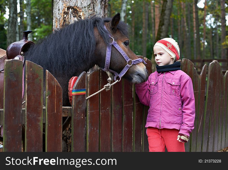 Girl and a little horse pony near corral