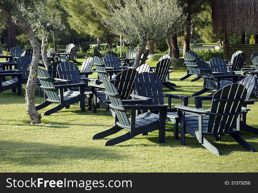 Tables and chairs for a picnic in the open air. Tables and chairs for a picnic in the open air