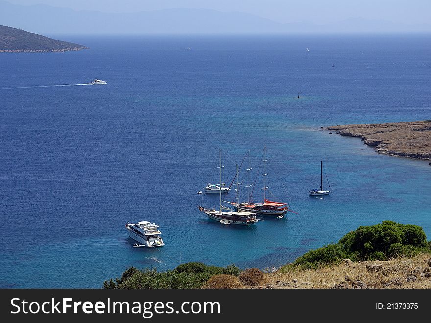 Boats in the lagoon in the Aegean Sea near the coast of Turkey. Boats in the lagoon in the Aegean Sea near the coast of Turkey