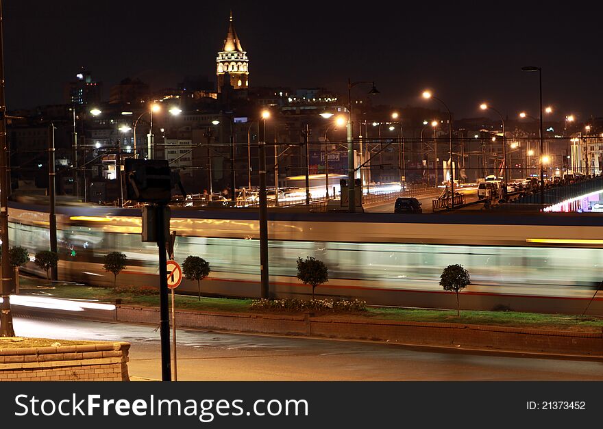 Galata Bridge with Galata Tower at night, Istanbul.