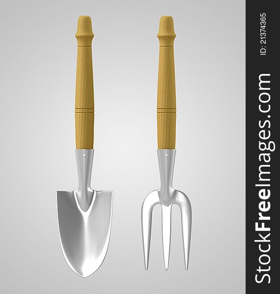 Tools Chrome Rack & Trowel front view on gray background. illustration 3d model. Tools Chrome Rack & Trowel front view on gray background. illustration 3d model