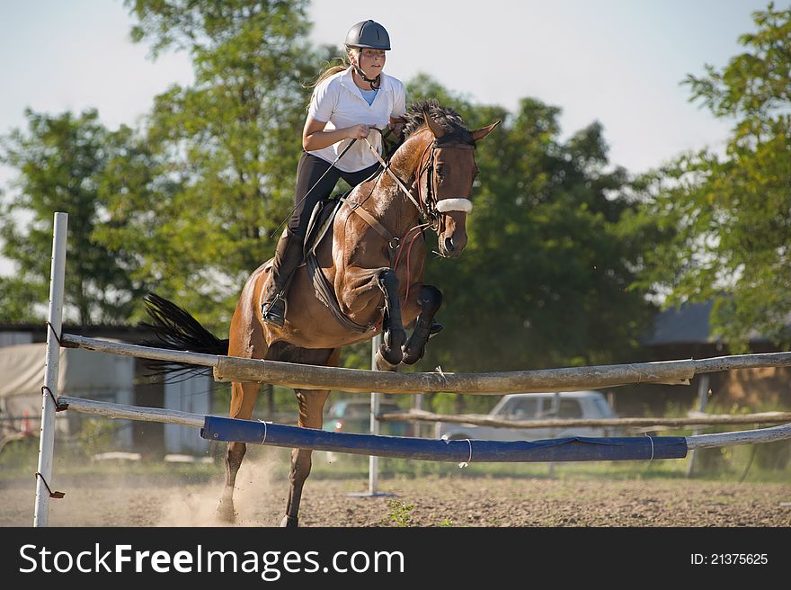 Show jumping.girl riding horse and jumping