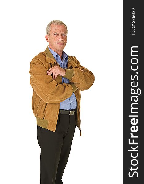 Senior man standing and waiting. Over a white background