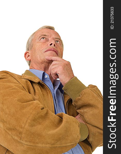 Senior man standing and waiting. Over a white background