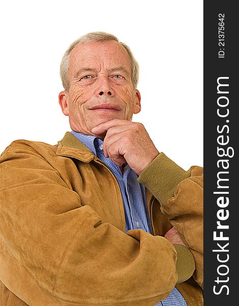 Senior man standing and waiting. Over a white background