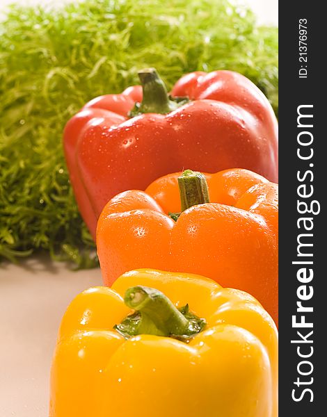 Three fresh peppers with three different colors and a green background