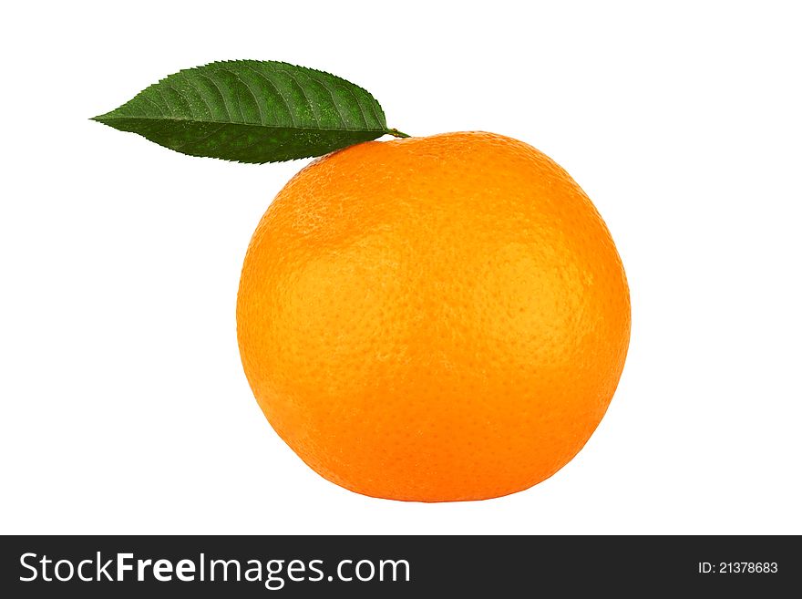 Ripe orange with leaf isolated in white