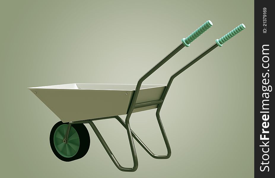 Wheelbarrow chromium model 3d illustration on green background. Wheelbarrow chromium model 3d illustration on green background