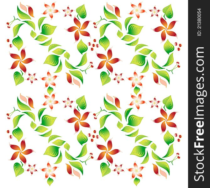 Ornament with foliage, red flowers and cherry, vector