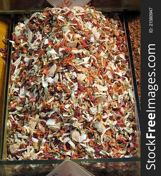 A view of dried vegetable in the Spice Bazaar, Istanbul.