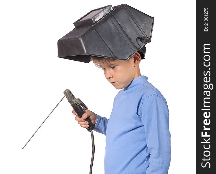 Boy in a mask with electric welding. Isolated on white background