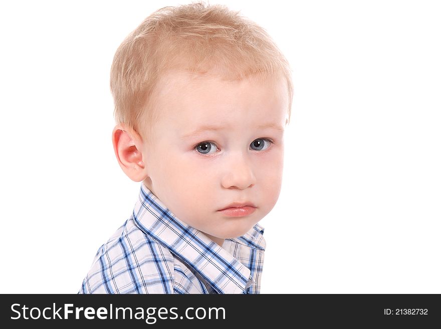 Portrait of sad child over white background, close up. Portrait of sad child over white background, close up