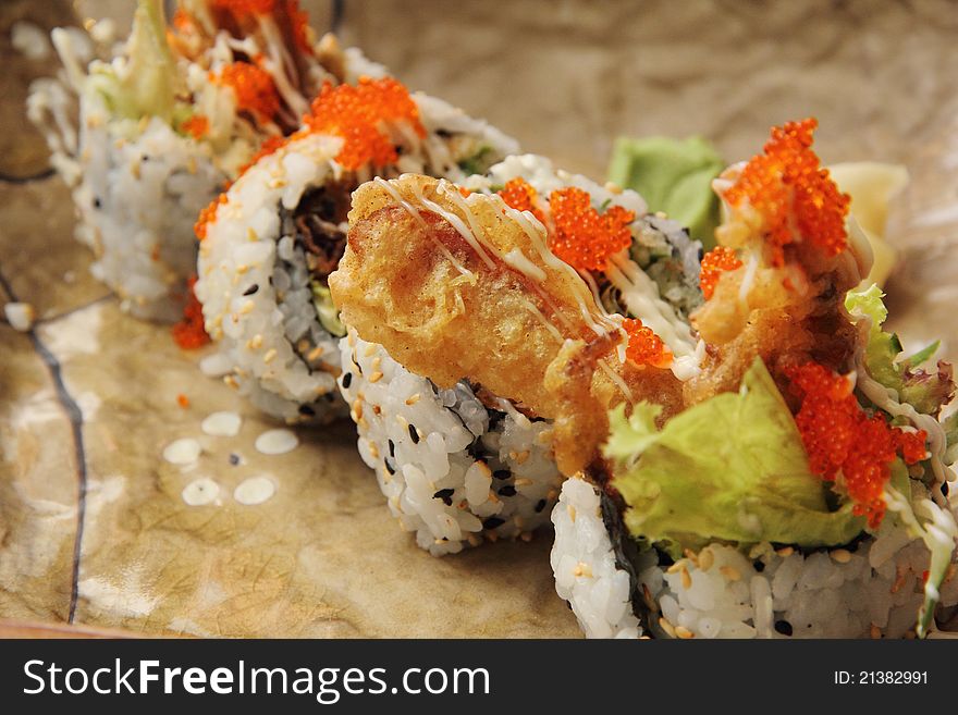 Soft Shell Crab Sushi on brown plate