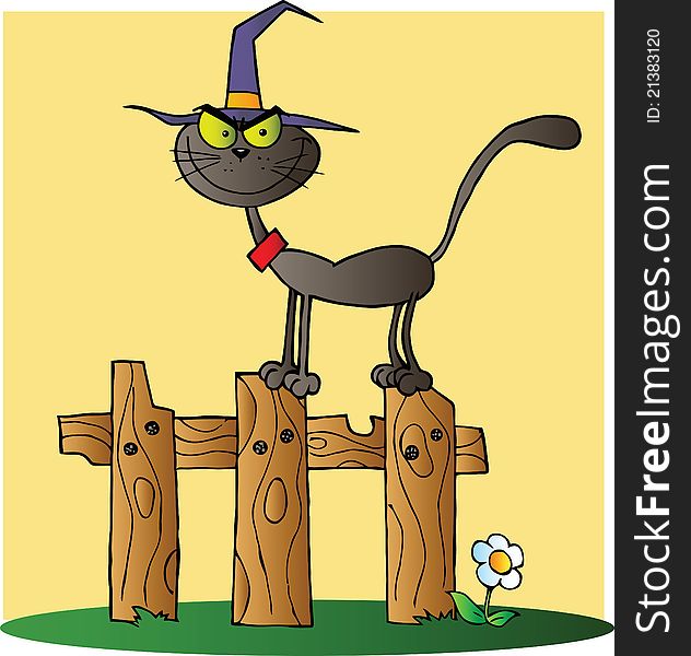 Black cat witch cartoon character on a fence over yellow. Black cat witch cartoon character on a fence over yellow
