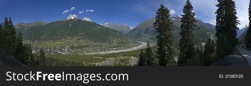 Panorama of Mt. Ushba and Mestia, capital town of Svaneti, Georgia, September 2010. Panorama of Mt. Ushba and Mestia, capital town of Svaneti, Georgia, September 2010