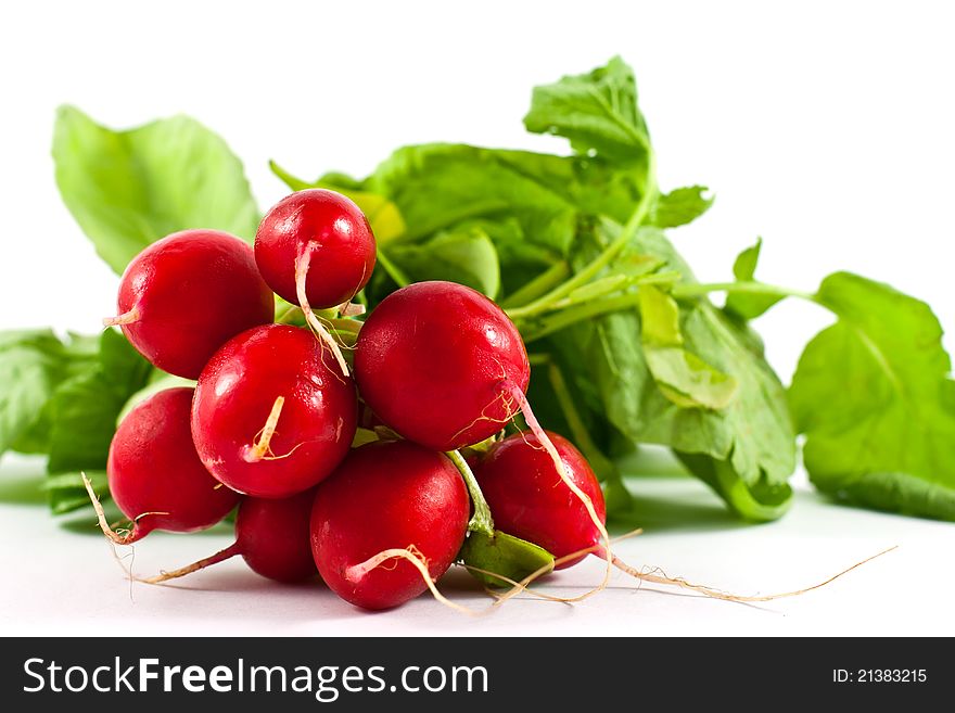 Group of radishes and leaf isolated on white. Group of radishes and leaf isolated on white