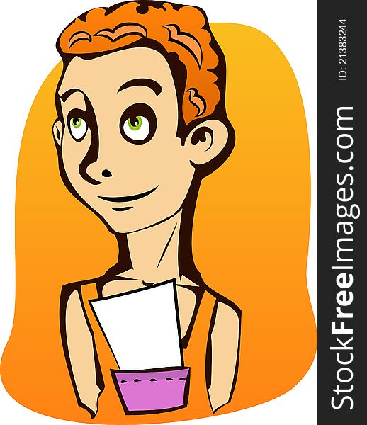 A vector illustration of a smiling guy with a paper in a pocket. Can be recolored or scaled without problems and quality loss