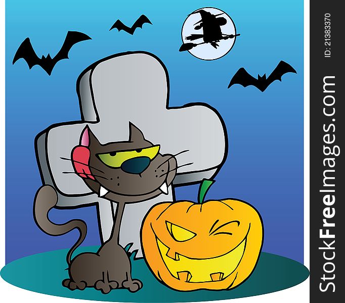 Black cat and halloween jackolantern