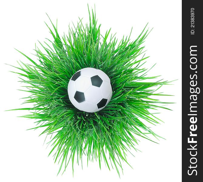 Black and white soccer ball on grass. Isolated on a white background.