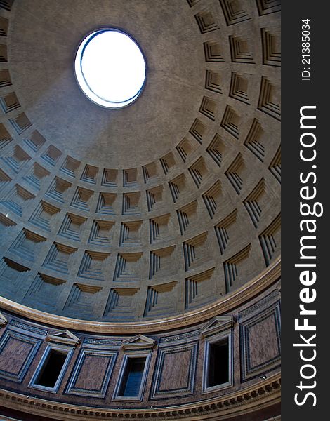 Interior of Rome Pantheon with the famous ray of light from the top