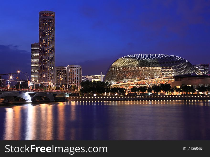 Esplanade Theater with city hall at dusk, Singapore