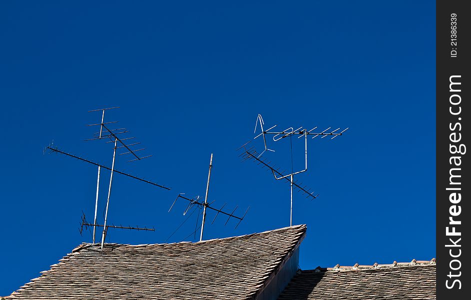 Antennas on an old roof. Antennas on an old roof