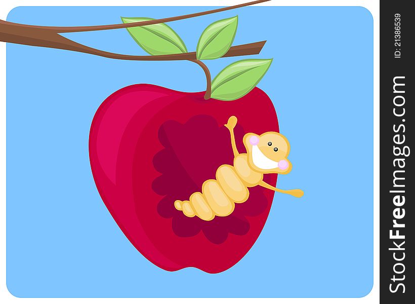 There is a worm, which is eating an apple. There is a worm, which is eating an apple