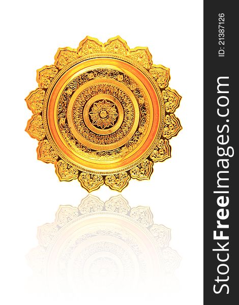 Top view of a golden tray with pedestal on isolated white background