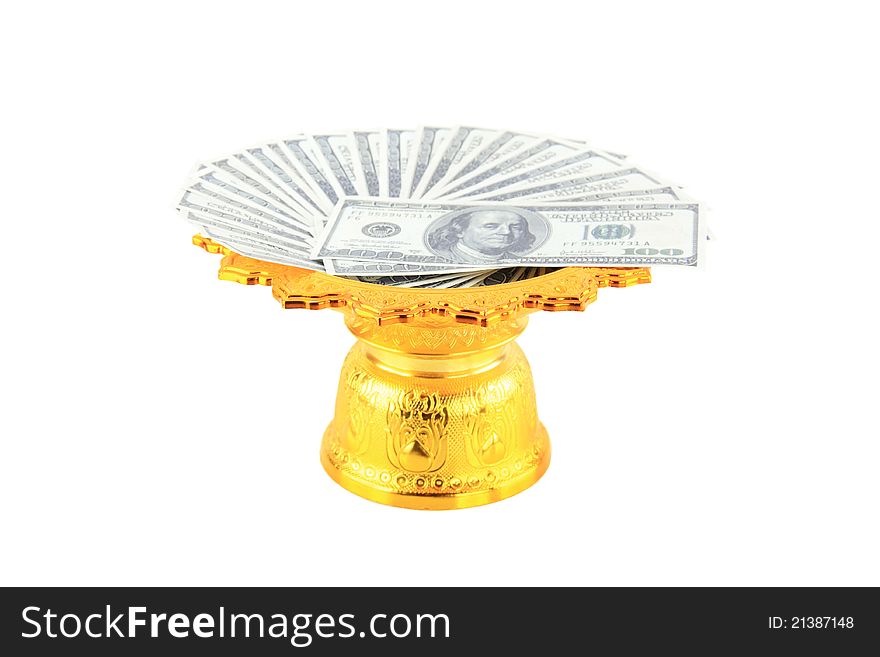 The dollars banknote on a tray with pedestal with white background