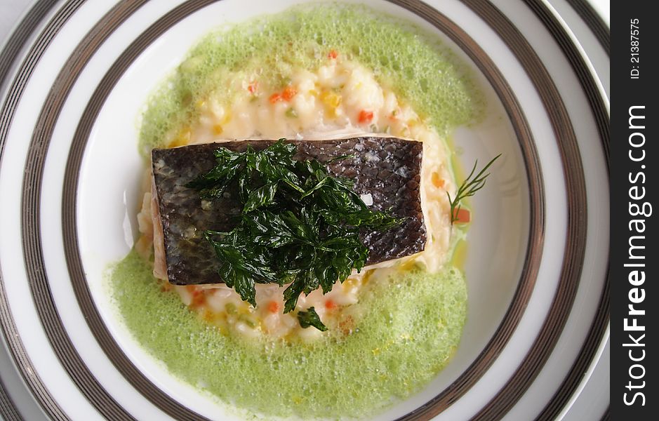 Moder cuisine - A stylish grilled fish dish. Moder cuisine - A stylish grilled fish dish