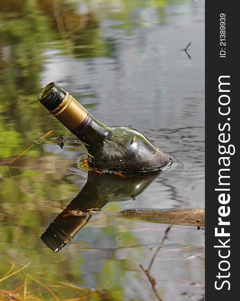 Old bottle in dirty lake water