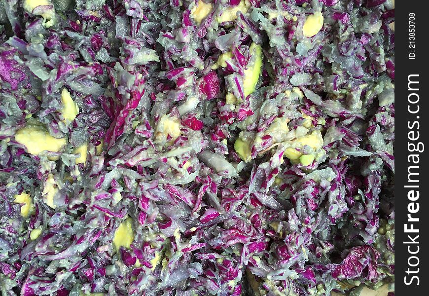 Purple Cabbage and Avocado Salad in Lihue on Kauai Island, Hawaii..