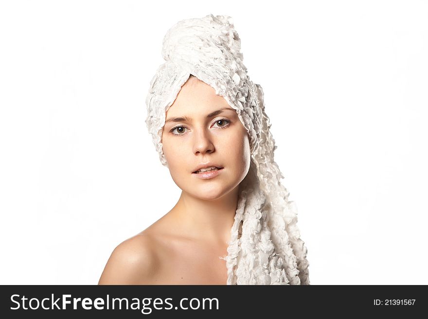 Portrait of happy woman wrapped towel isolated on white background. Portrait of happy woman wrapped towel isolated on white background