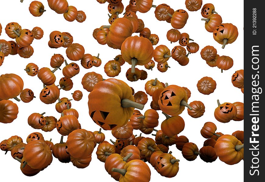 Pumpkins falling down isolated on white background